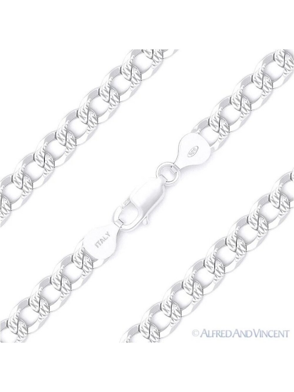 7mm Cuban / Curb Link D-Cut Pave Italian Chain Bracelet in .925 Sterling Silver